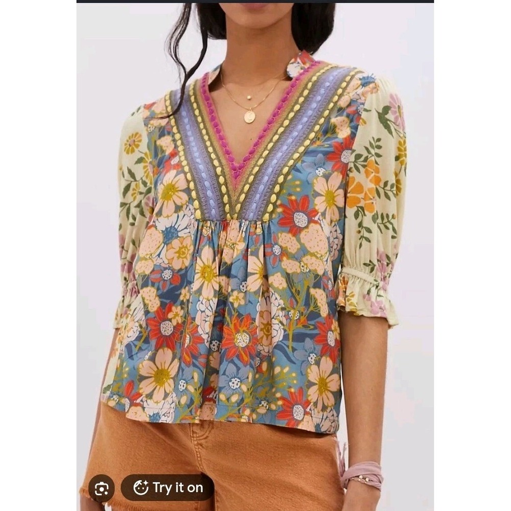 Blank London Anthropologie Stephanie Floral Embroidered Top Colorful Boho XS